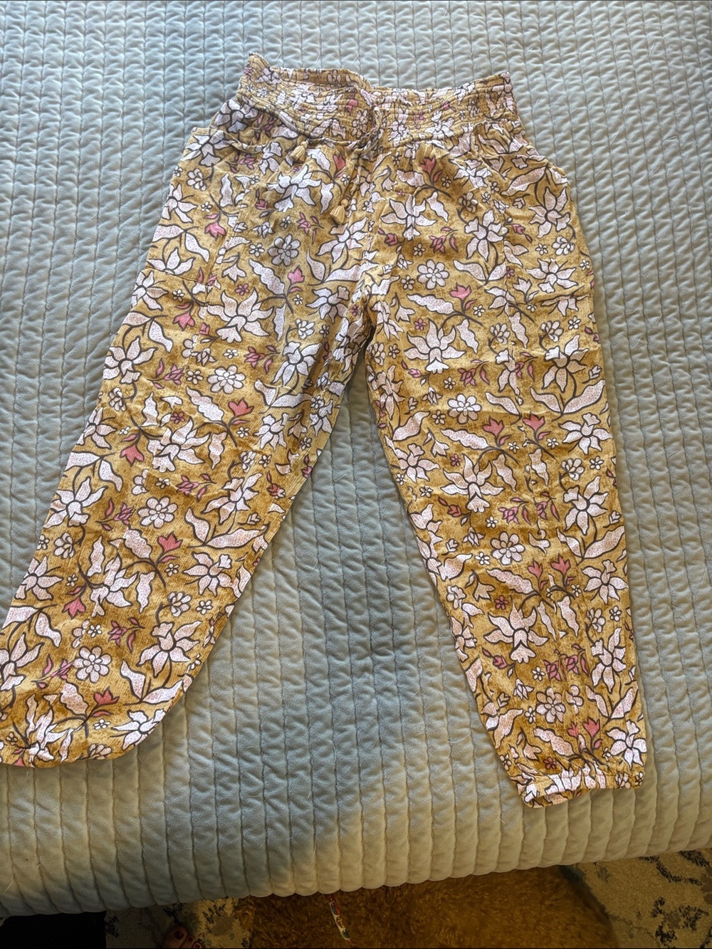 aerie Floral Ankle Pants — Mustard with White & Pink Print
